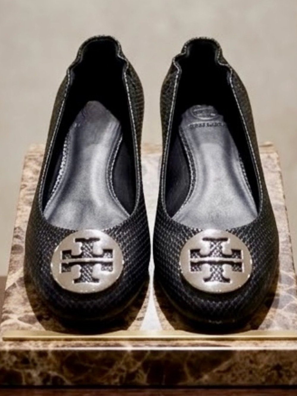 Tory Burch Reva Ballet Flats - Black Snake-Embossed Leather Size 7 M